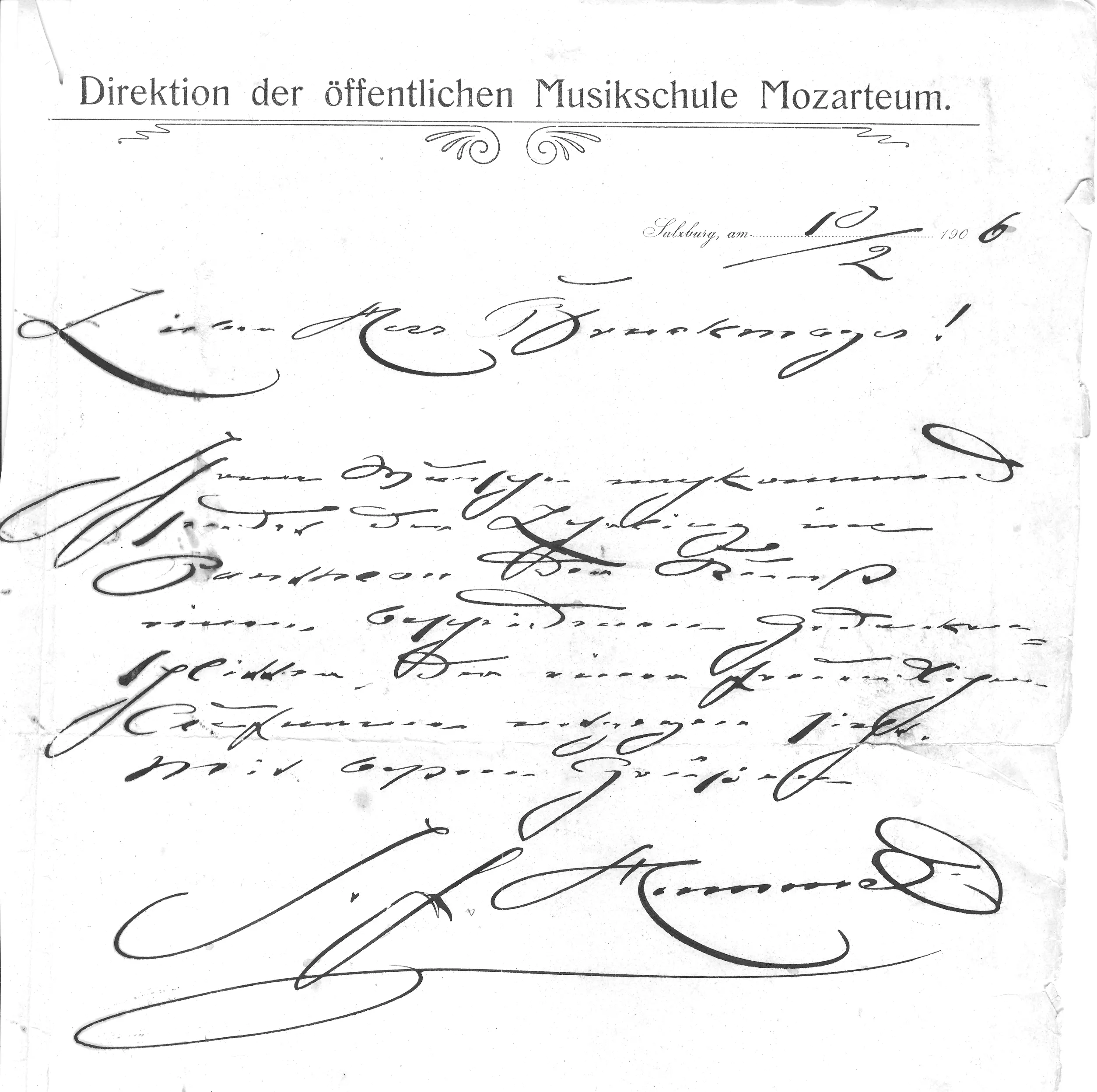 Brief von J.F. Hummel an den damaligen Chormeister (Chorleiter) der Liedertafel Mining, Herrn Bruckmayr.