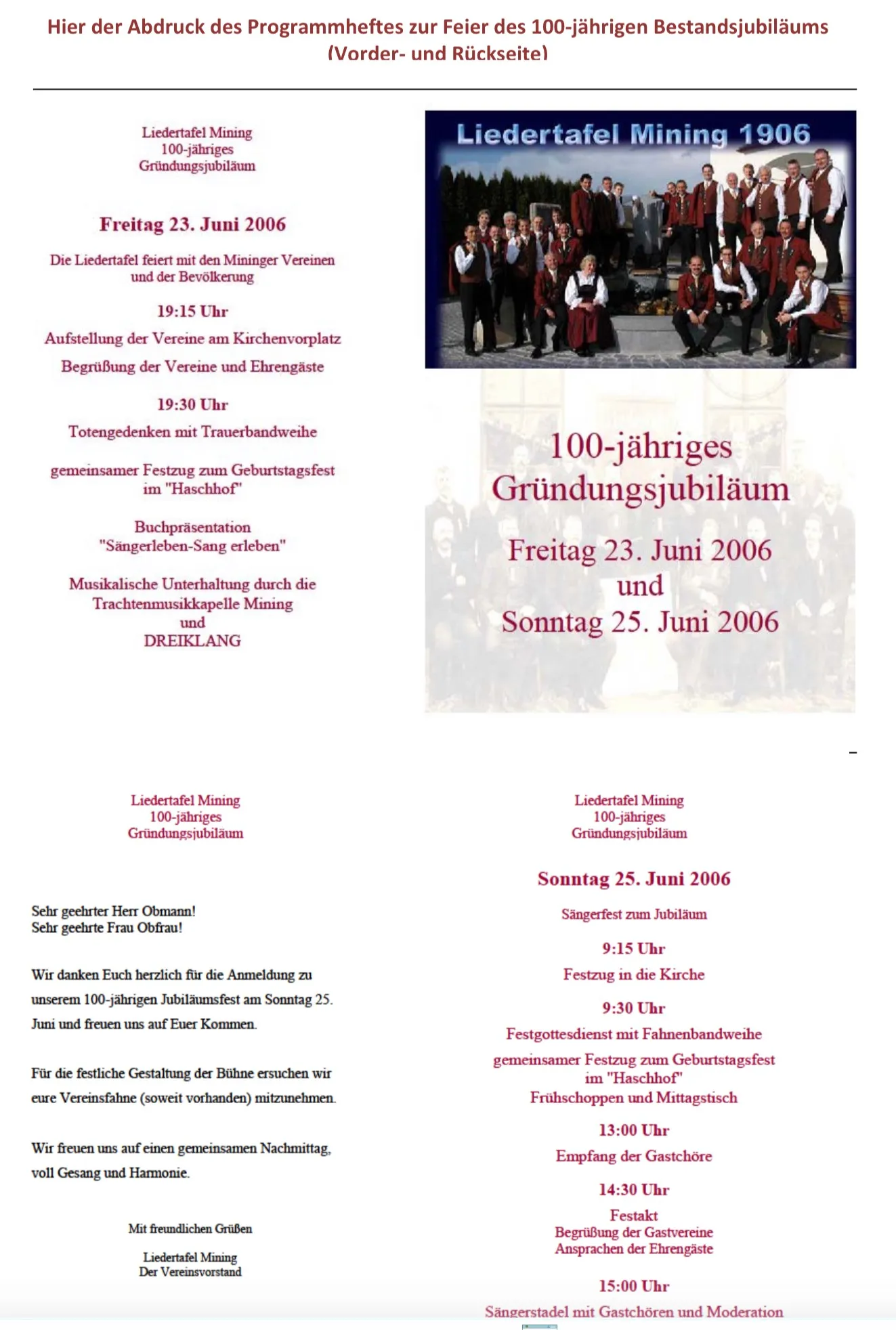 Das Festproramm der 100 Jahr Feier